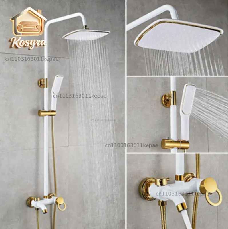 

Shower shower set All copper bath hot and cold faucet European paint electroplating bathroom three-piece set baking white paint