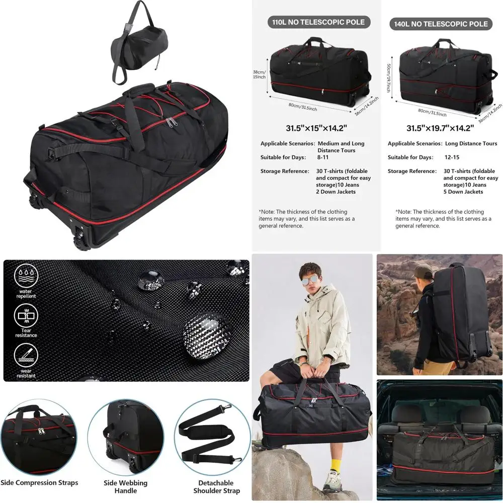 حقيبة سفر ناعمة قابلة للتوسيع 110 لتر-140 لتر مع عجلتين، قماش أكسفورد 32 × 1680D، أسود-أحمر #1