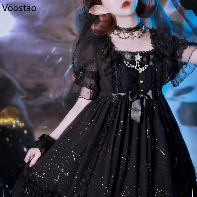 Victorian Gothic Lolita Dress Women Elegant Sweet Dark Bow Pearl Chain Evening Party Dresses Harajuku Y2k Punk Princess Dress