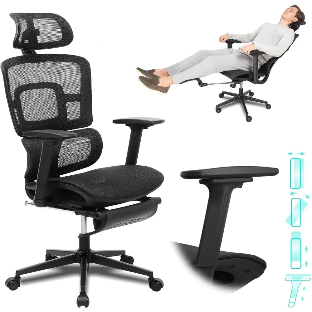 

Ergonomic Office Chair with Footrest, 4D Adjustable Armrests, Comfy Swivel Rolling Mesh Computer Desk Chair with Lumbar Support,
