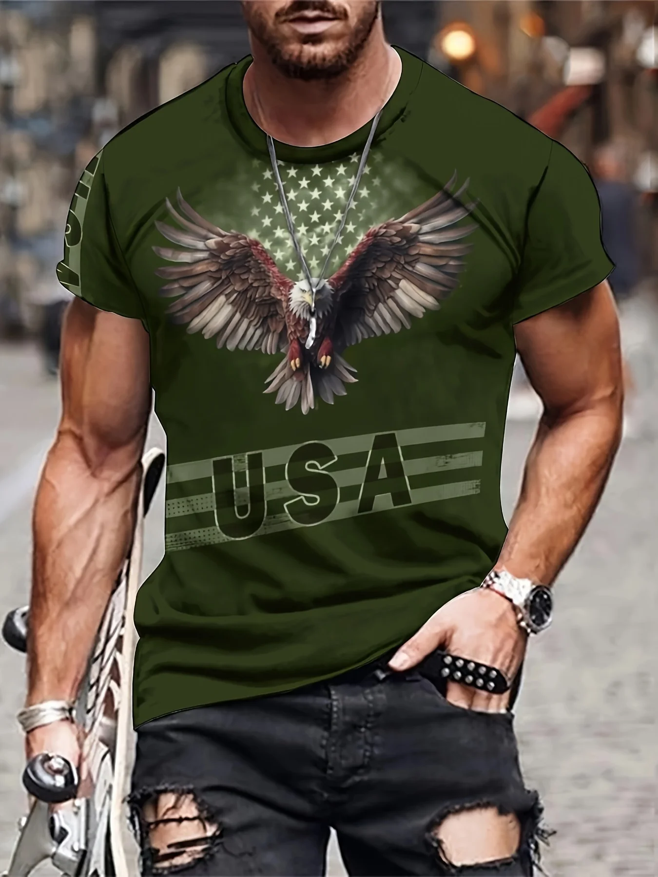 Summer Stylish Eagle & Letter 3D Digital Pattern Print Men's Graphic T-shirt Causal Comfy Tees Short Sleeve Tops Men's Clothing