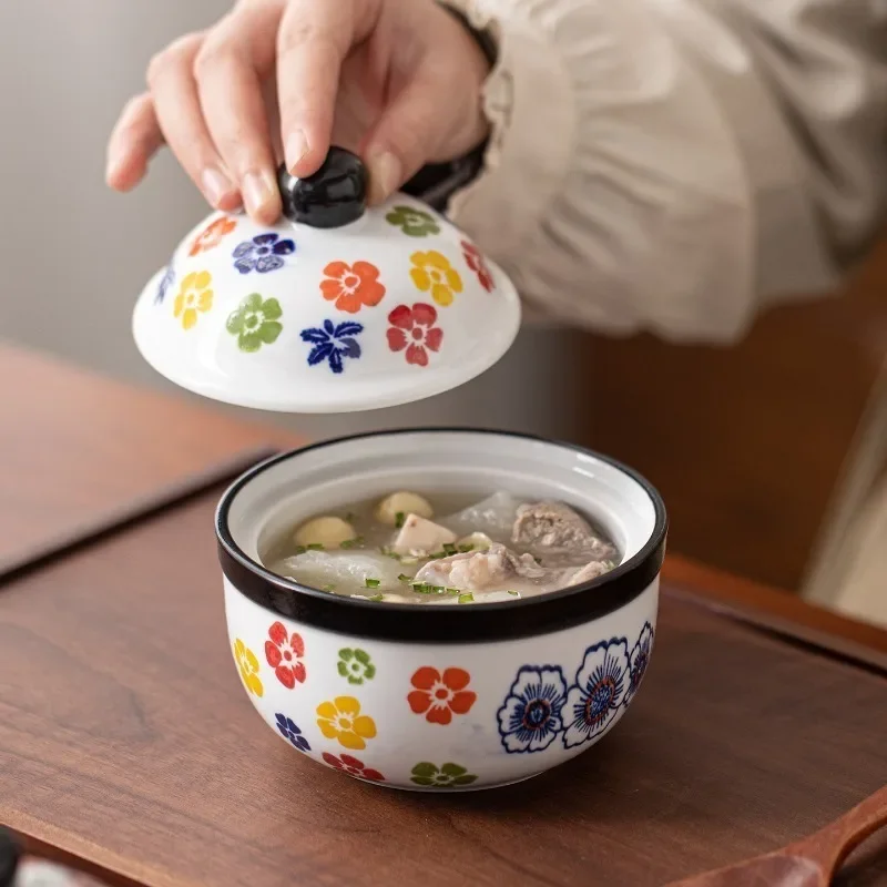 Colorful Floral Pattern Lidded Stew Pot Ideal for Home and Restaurant Use Keeps Food Warm Suitable for Soups and Porridge