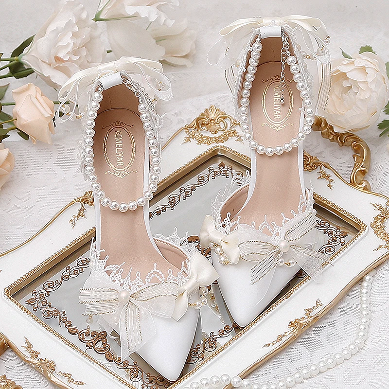 

Lolita Wedding Shoes Bride Dress Pumps Chiffon Ribbon Bowknot Pearl String Ankle Strap Crystal Bridesmaid Sandals High Heels