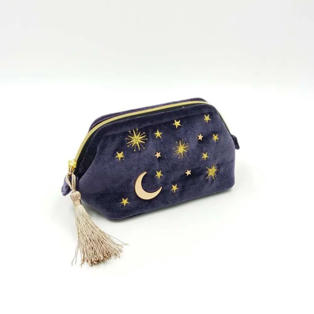 Cute Moon Star Cosmetic Bag Velvet Tassel Decoration Portable Travel Organizer Embroidery Large Capacity Lipstick Handbag Women