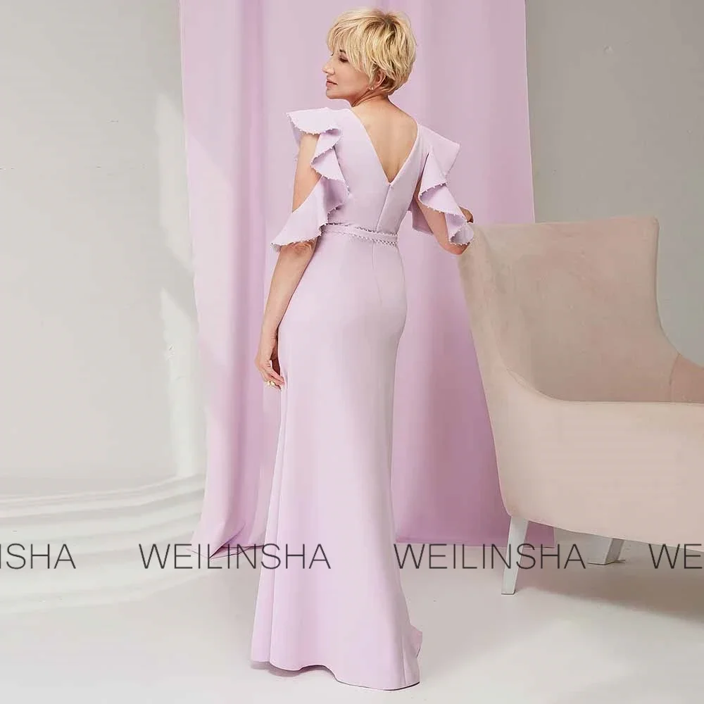Customized Exquisite  Mother of the Bride Jersey Sheath/Column Celebrity Dresses Lavender O-Neck Pearls Hollow Prom Dresses Long
