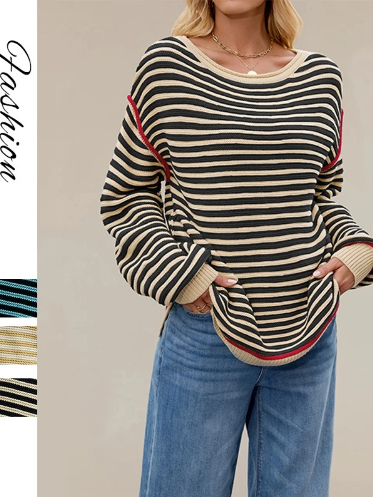 

Новинка в Ropa De Mujer, осенние и зимние полосатые вязаные топы для женщин, пуловер с круглым вырезом, свободный свитер с длинными рукавами для поездок на работу