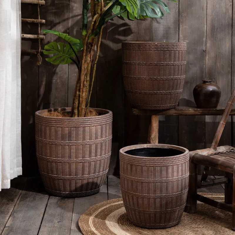 Woven Magnesium Oxide Planter, Faux Rattan Braided Design Flower Pot with Drainage,Lightweight Weatherproof MgO Plant Container