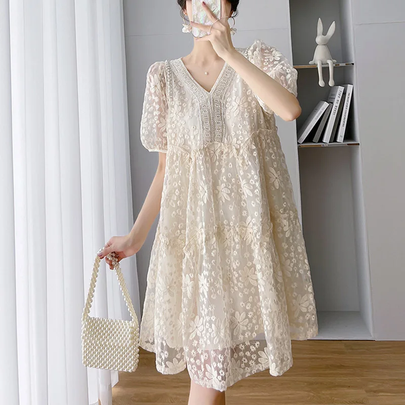 

ODFVEBX New V-Neck Lace Dresses Women's Summer Loose Temperament Bubble Sleeve Party Vestidos Female 2023 Fashion Elegant Dress