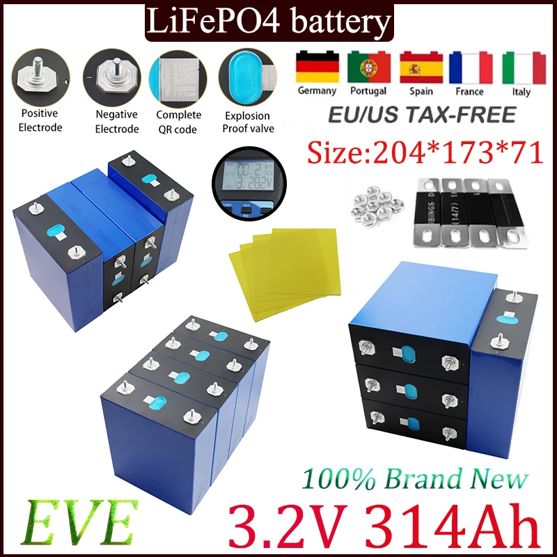 12PCS New Battery Lithium Fer Rechargeable Lifepo4 3.2V EVE 314Ah 12V 24V 36V 48V Grade A 8000 +times pour Montres EV TAX free