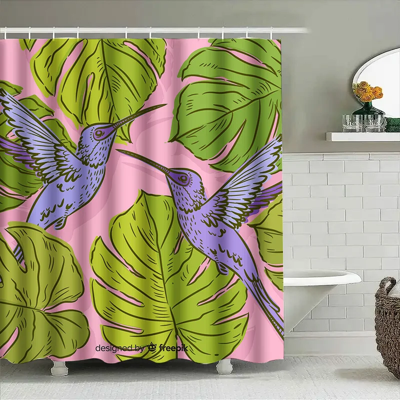 Bunter Kolibri-Duschvorhang mit tropischen Blättern, einzigartiges Dekor für Badezimmer, rosa, grün, lila, blau, Stoff, Shampoo, Bad, Ma