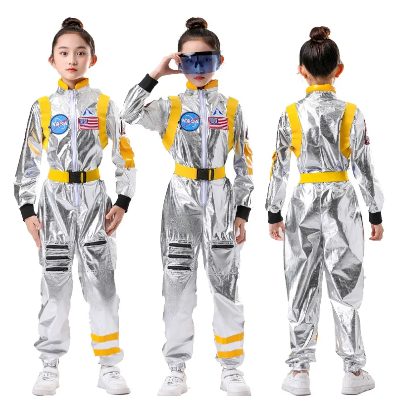 Astronaut Costume Kids Astronaut Silver Jumpsuit Space Themed Party Dress Up Boys Girls Spaceman Cosplay Children Space Suit