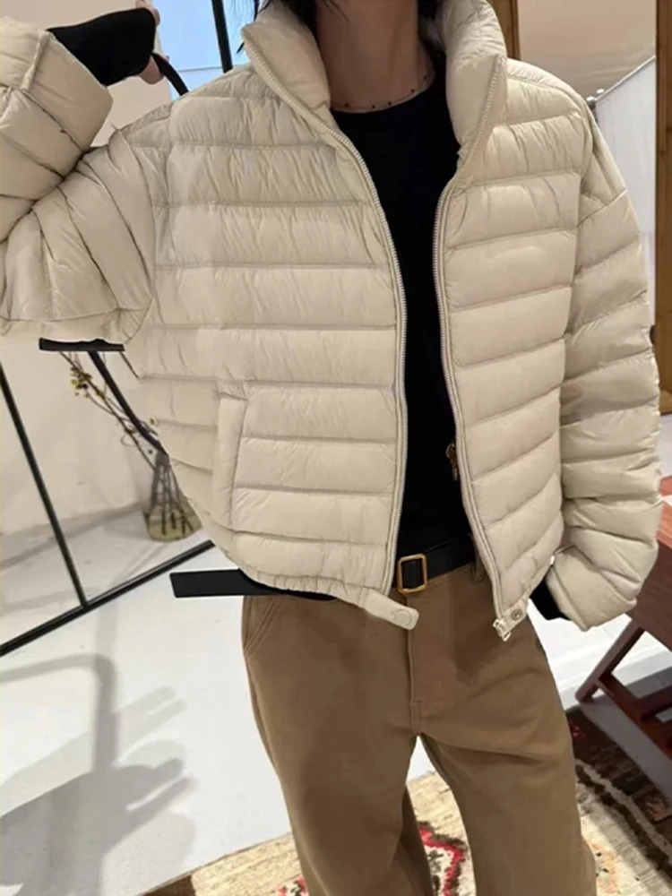 Piumino d'anatra bianco da donna corto invernale nuovo piumino con colletto rialzato a contrasto giacca corta spessa in piuma d'anatra bianca 90