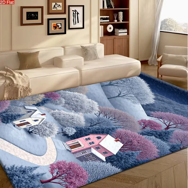 3D Fantasy Winter Town Scenery Carpet Flooring Art Area Rug for Household Living Bedroom Room Ornament