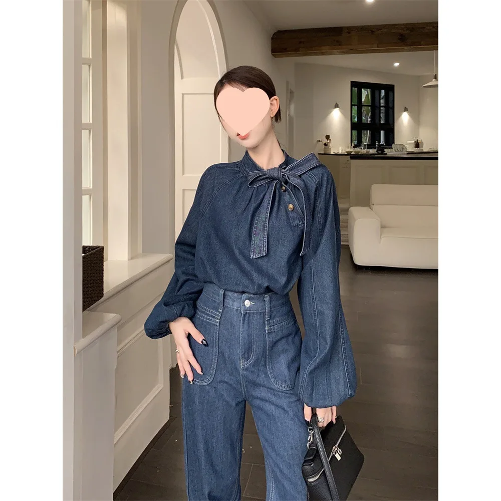 Bow Belt Denim Shirt For Women Lantern Sleeve Lapel Button Denim Tops High Waist Jeans Pantsb 2024 Spring Summer New Chic Sets