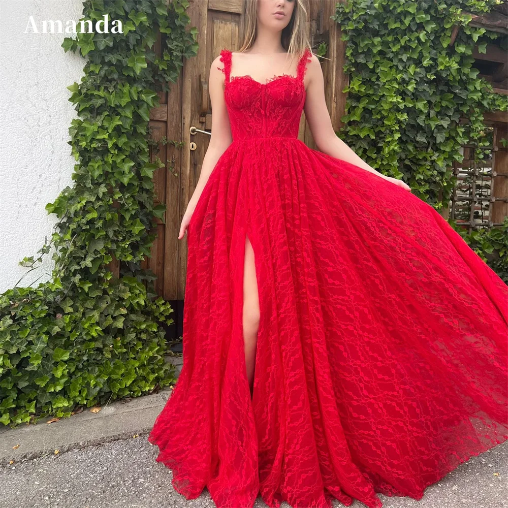 

Amanda Handmade Lace Prom Dress Gorgeous Evening Dresses Lace Embroidery A-line Party Dresses Spaghetti Strap Robe De Soirée