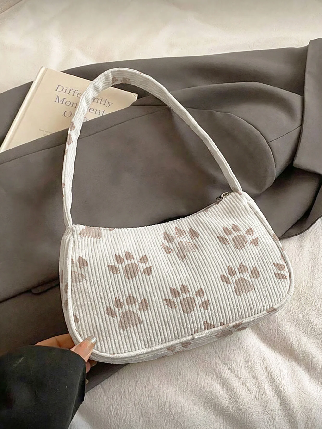 Light Brown Paw Print Shoulder Bag, Corduroy Underarm Bag For Daily Casual Use - view 5