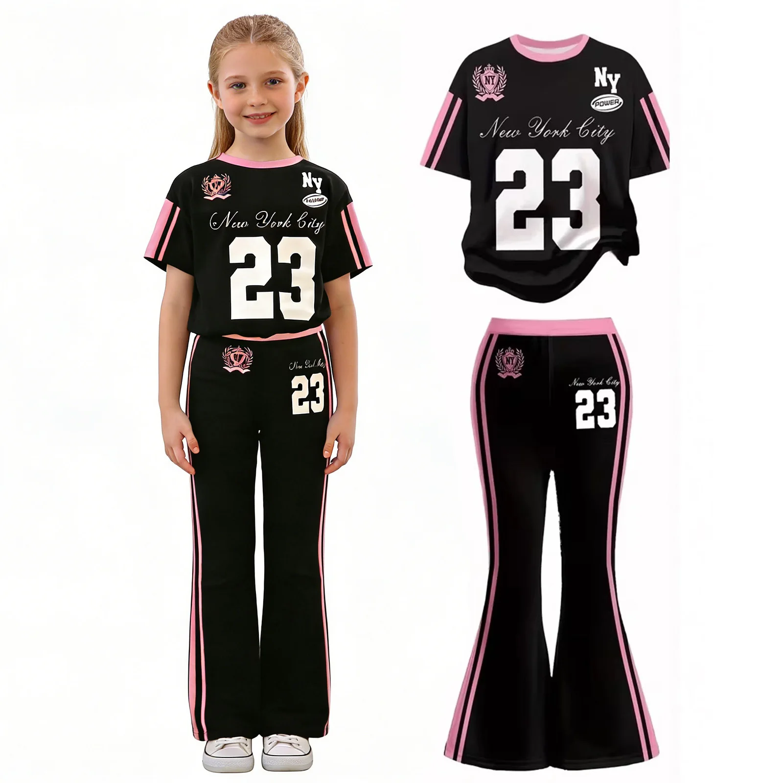 Girls Athletic Set Number Print Short Sleeve Tee and Elastic Waistband Flared Pants Quick Dry Lightweight for Daily Sport