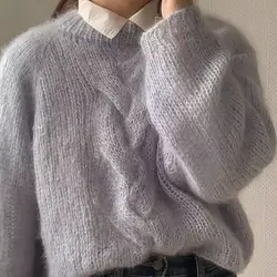 2024 Spring Fashion New Product Pure Handwoven Light Blue Round Neck Sweater Pullover Mohair Long sleeved Top Knitted Fabric