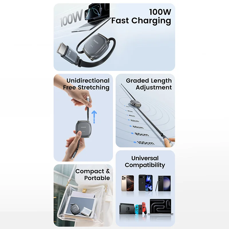 100W Type C Retractable Cable For iphone 16 15 Pro Max Samsung Fast Chaerger Cable Mini Size 480Mdps Data Cable image 6