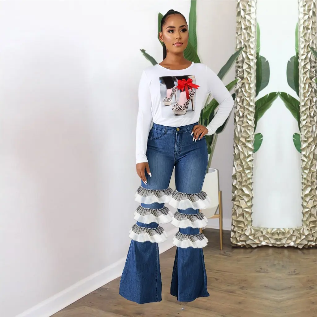 

Women's High Waist Contrast Color Stitching Micro-Bullet Horn Denim Pants Fashionable European American Style Wholesale