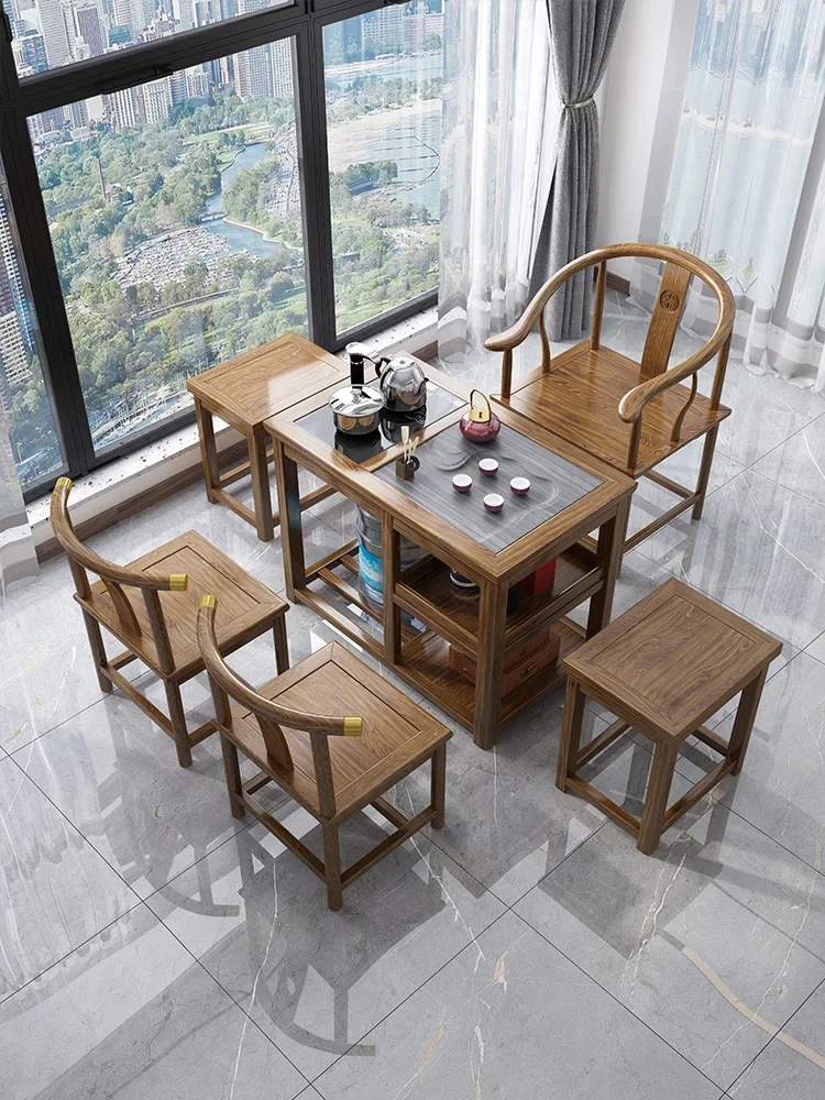 Solid wood rotating tea table, balcony, household mobile tea table, tea table and chair combination