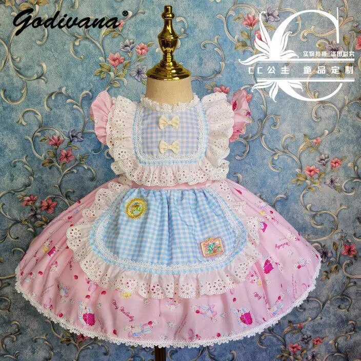 Sweet Baby Girls Spanish Cute Cartoon Print Pink Lolita Princess Dress Kids New Summer Lace Trim Bow Birthday Party Ball Gown
