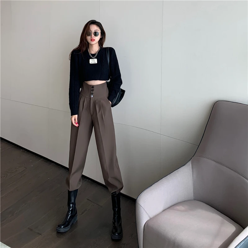 Women Harem Pants Korean Casual Spring Autumn High Waist Trousers Female Solid Buttonn Dressing Relaxed Fit Pleated Pants