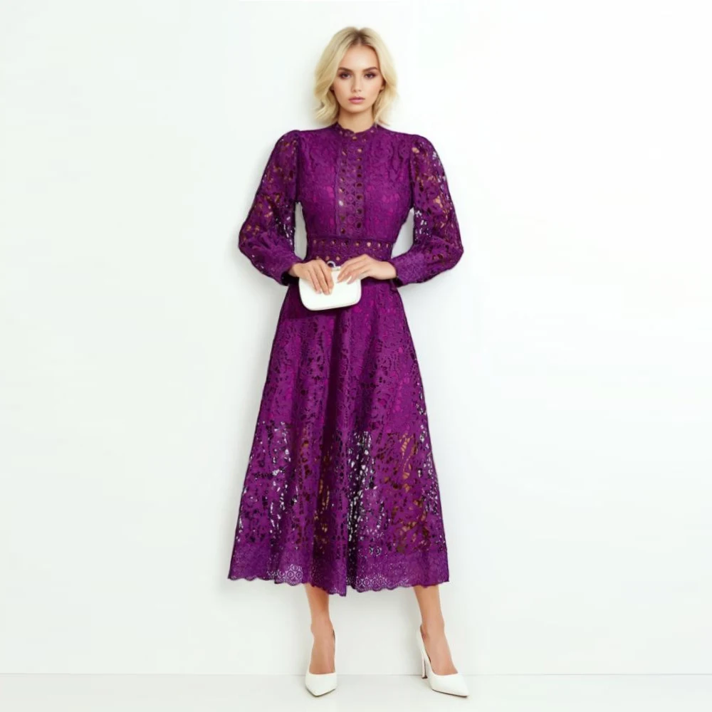 Elegant Hollow Out Embroidery Dresses For Women Stand Collar Long Sleeve High Waist Patchwork Zipper Solid Dress Female