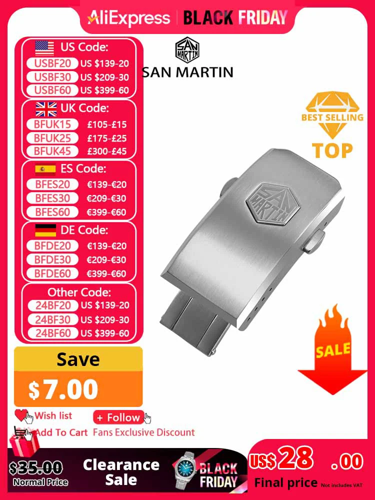 San Martin Watch Parts Bracelet Clasp 2/4 Micro Adjustment Hole Suitable For 16mm/18mm Universal Size Buckle 316L Folding Clasp