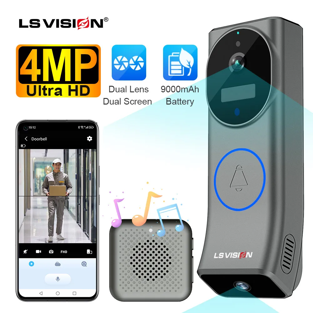 LS VISION-WiFi Campainha de Vídeo com Tela Dupla, Sem Fio, Lente Dupla, Detecção de Movimento, Áudio Bidirecional, Campainha da Bateria, Câmera com