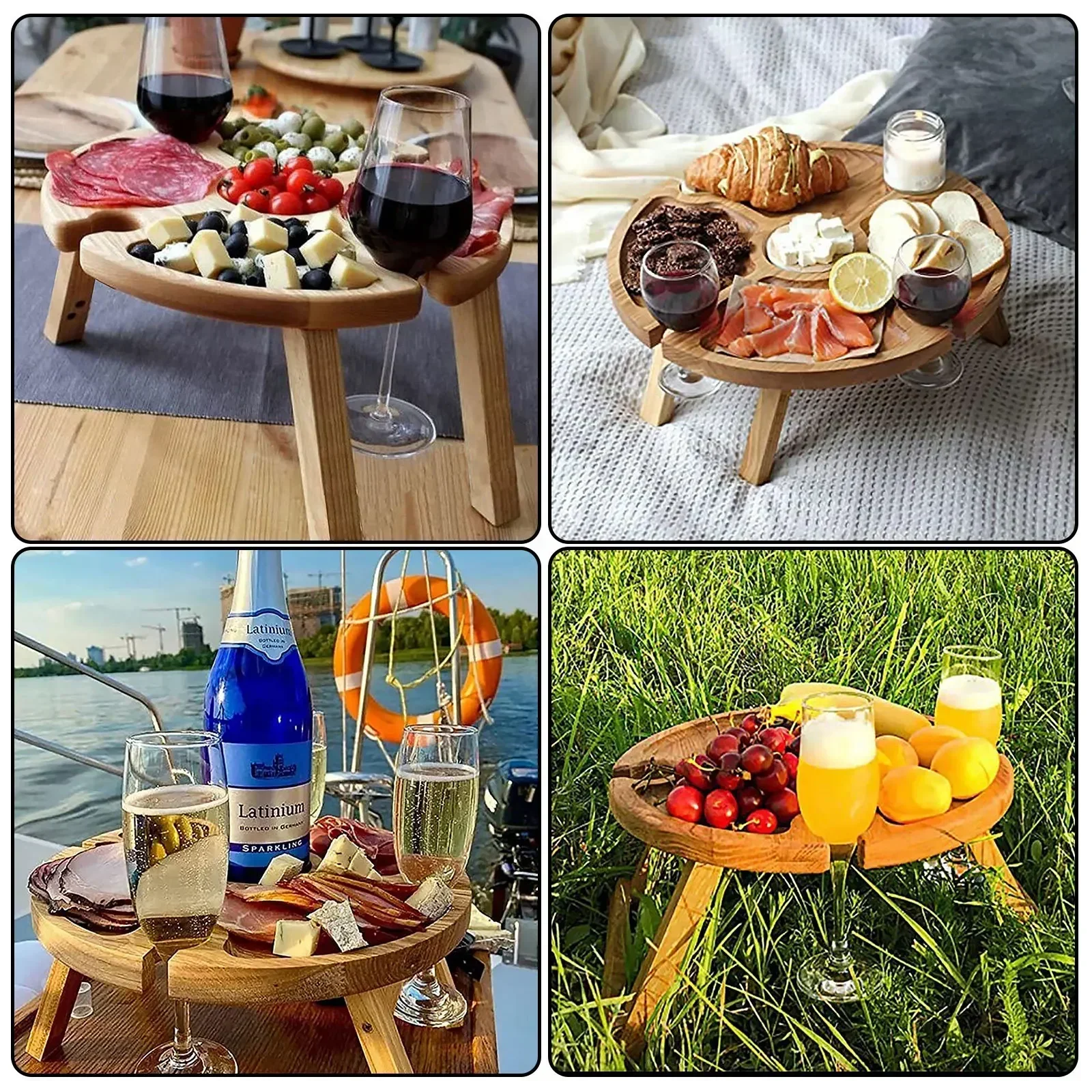 Folding Wooden Picnic Table Portable Chair Casual Snack Tray Wine Rack Kitchen Storage Container