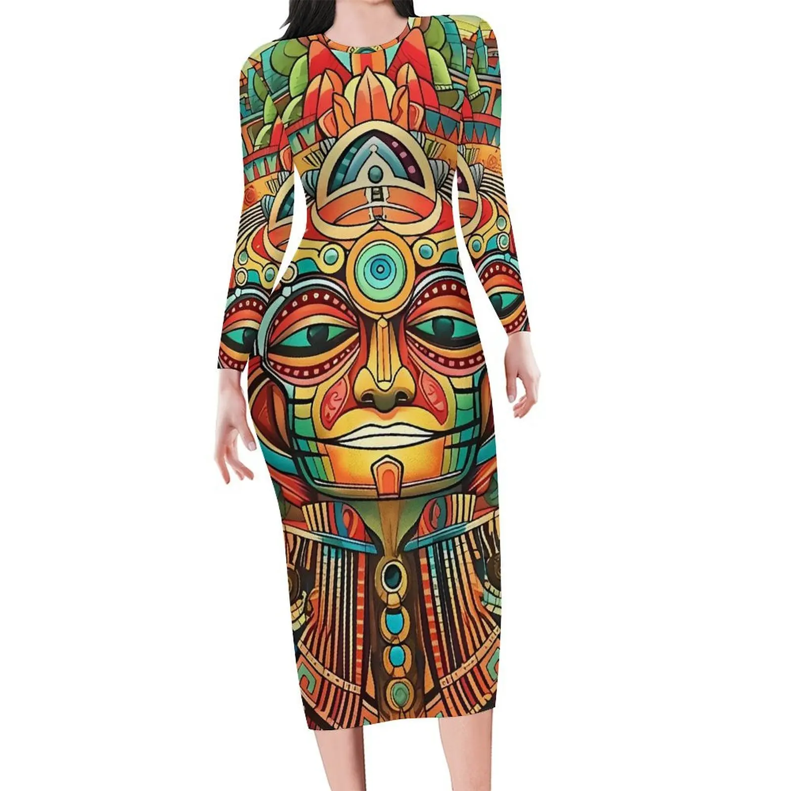 Abstract Aztec Art Bodycon Dress Autumn  Club Dresses Female Long Sleeve Design Aesthetic Dress Large Size 5XL 6XL