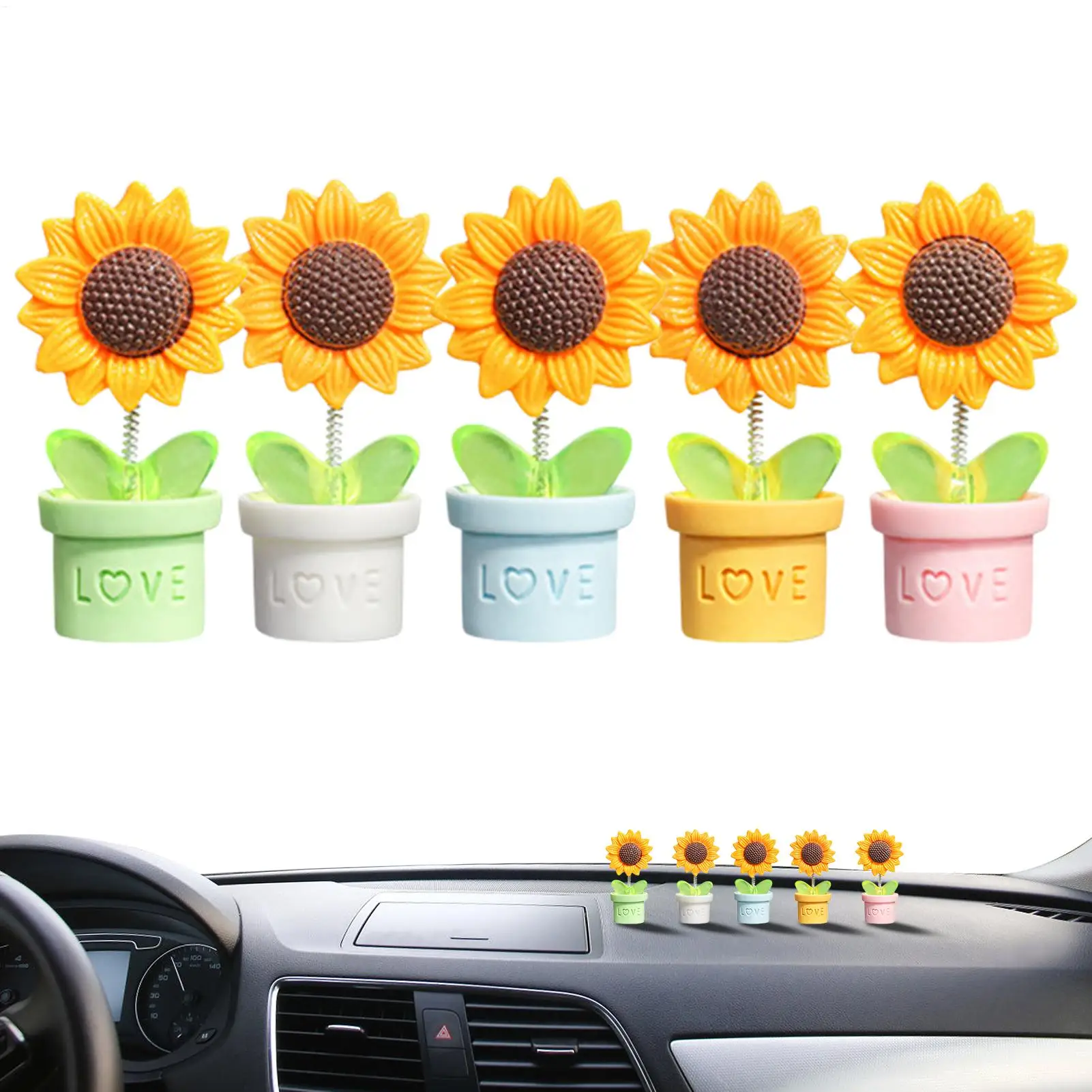 Dancing Sunflower for Car 5 Pieces Dancing Automobile Figurines Vehicle Dashboard Figures for Drivers Collectors Women Men Long