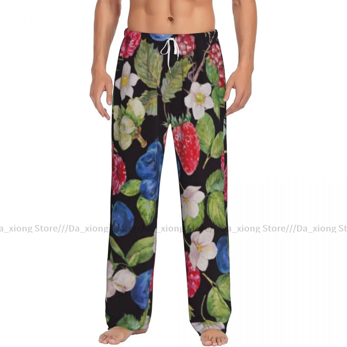 Mens Casual Pajama Long Pant Loose Elastic Waistband Berries Pattern Cozy Sleepwear Home Lounge Pants