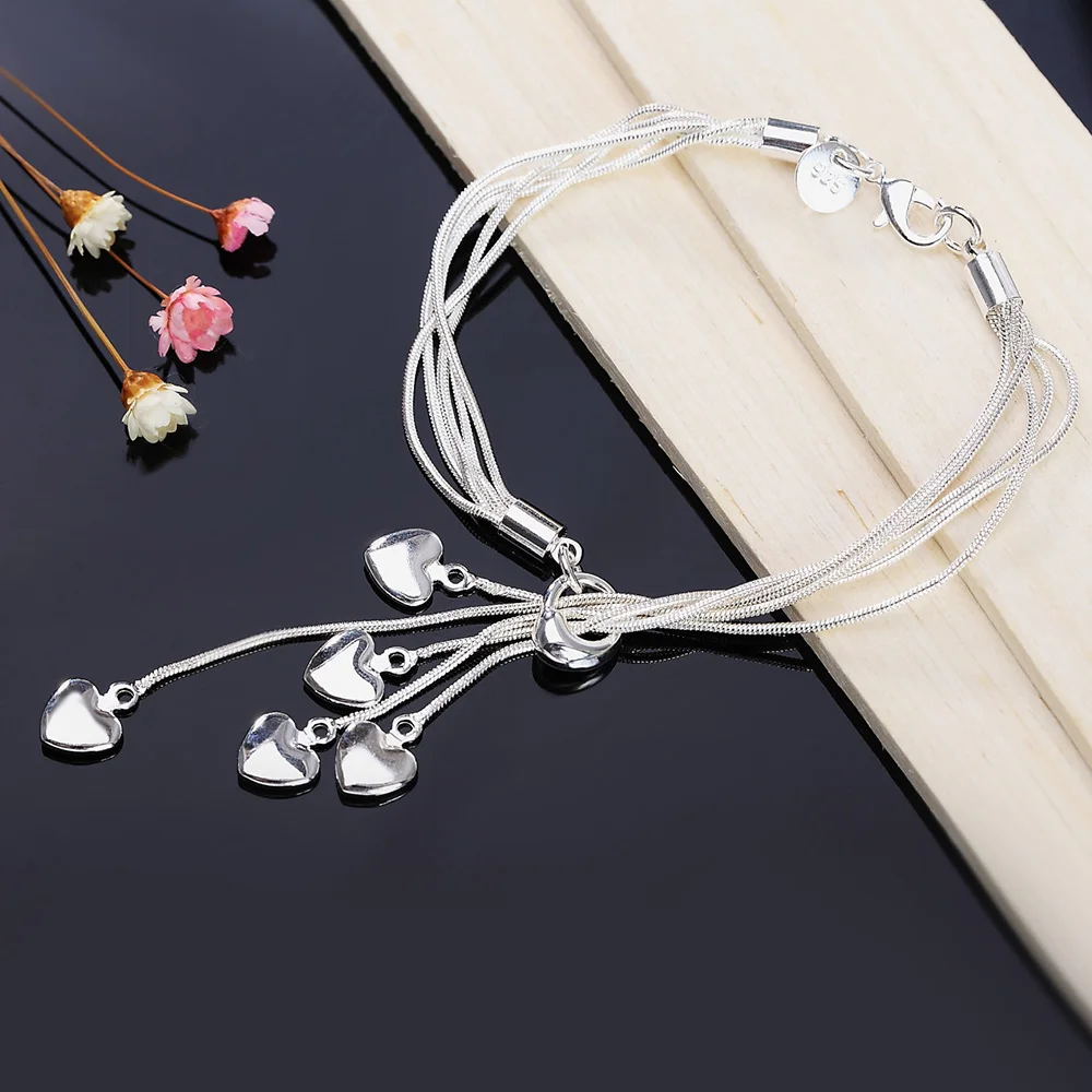 

Exquisite and Charming Anniversary Jewelry 925 Sterling Silver Chain With Tassel Tai Chi Hanging Heart Women's Love Bracelet