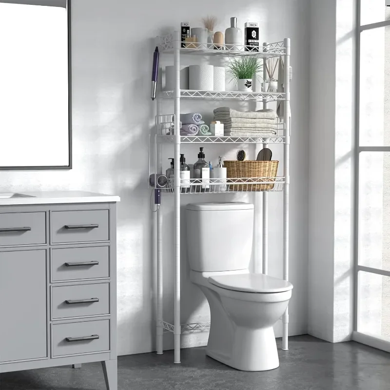 Bathroom Organizer Shelves Space Saver Over Toilet, Above Toilet Storage Rack, Over-The-Toilet Storage Shelf, White