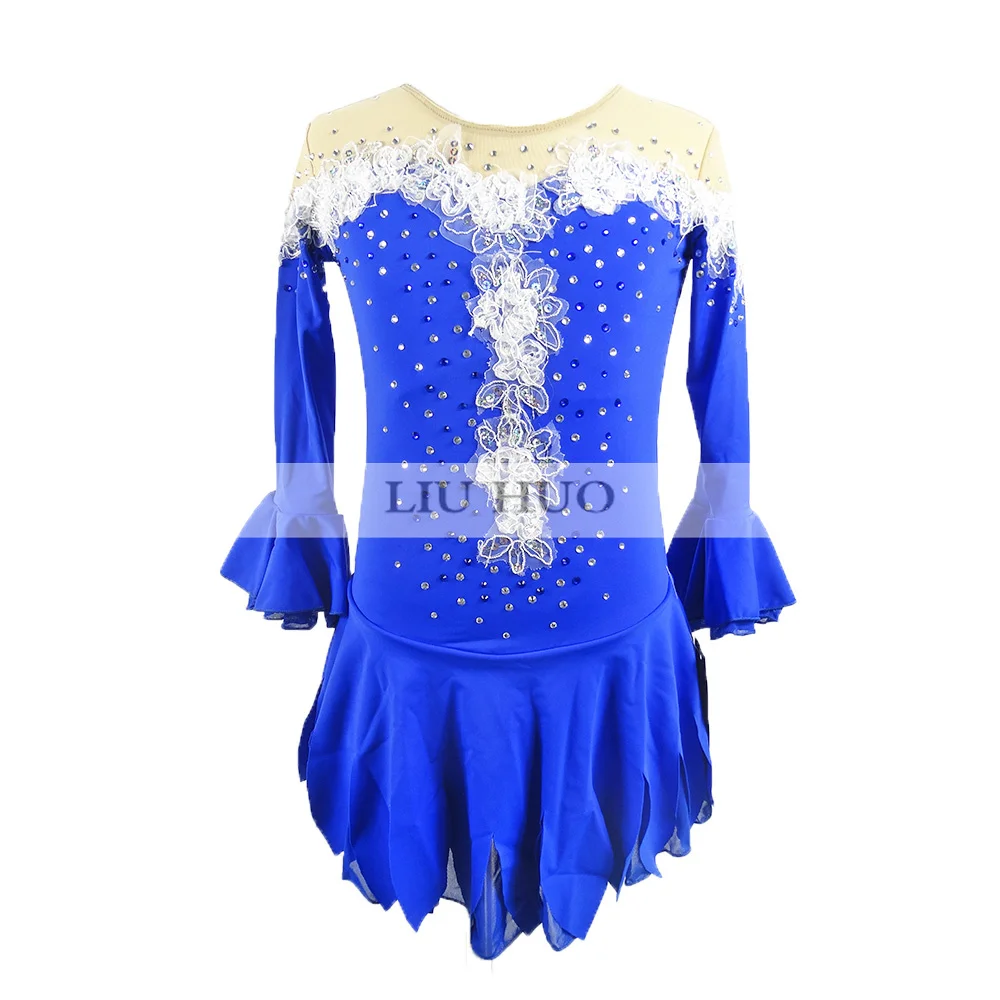 

LIUHUO Customize Women Girl Figure Ice Skating Dress Ballet Dance Stage Performance Competition Costumes Blue Flowers Roller Kid