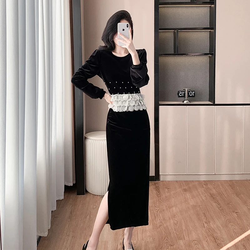 Black Velvet Two Piece Set New Autumn Pearls Beaded Hem Petal Long Sleeve O Neck Tops For Women Split Bodycon Midi Skirt Suits