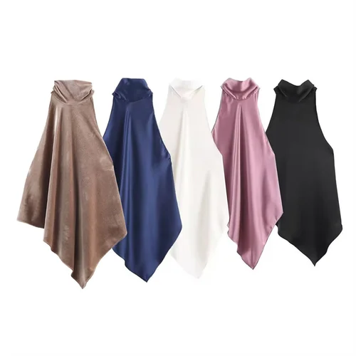 Imagen 1 del producto Top de mujer 2025 otoño nuevo estilo Color sólido satén sensación Halter cuello lazo espalda Top Sexy moda versátil y elegante