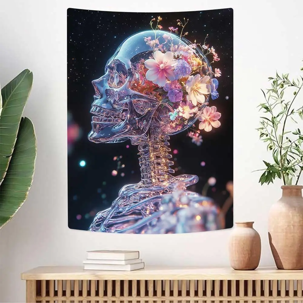

Aesthetic Skull Tapestries Flower Skeleton Wall Art Goth Love Tapestry Vertical Tapestry for Bedroom Living Room Dorm Decor