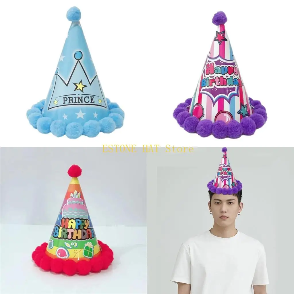 49MF Happy Birthday Hat Furry Balls Pointed Hat Boys Girls Adult Birthday Party Cap