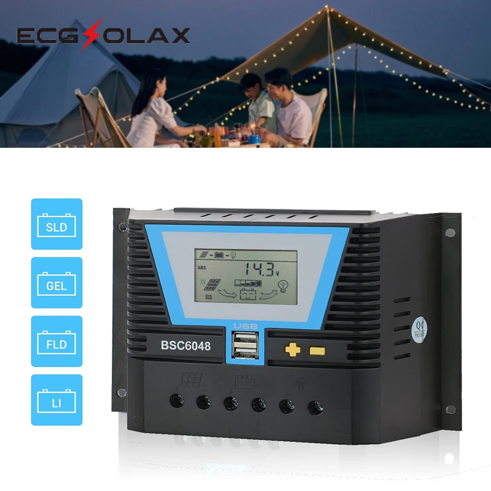 ECGSOLAX 12V 24V 36V 48V Intelligent Solar Charge Controller LCD Lithium Battery 20A 30A 60A 80A Solar Charge Regulator Dual USB