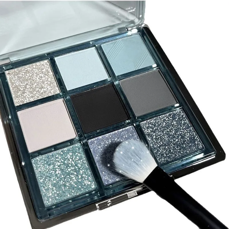 Paleta de sombras vitrificadas esfumaçadas de 9 cores, destaque e contorno, paleta multifuncional, azul fosco, paleta de pigmentos de cores terrosas