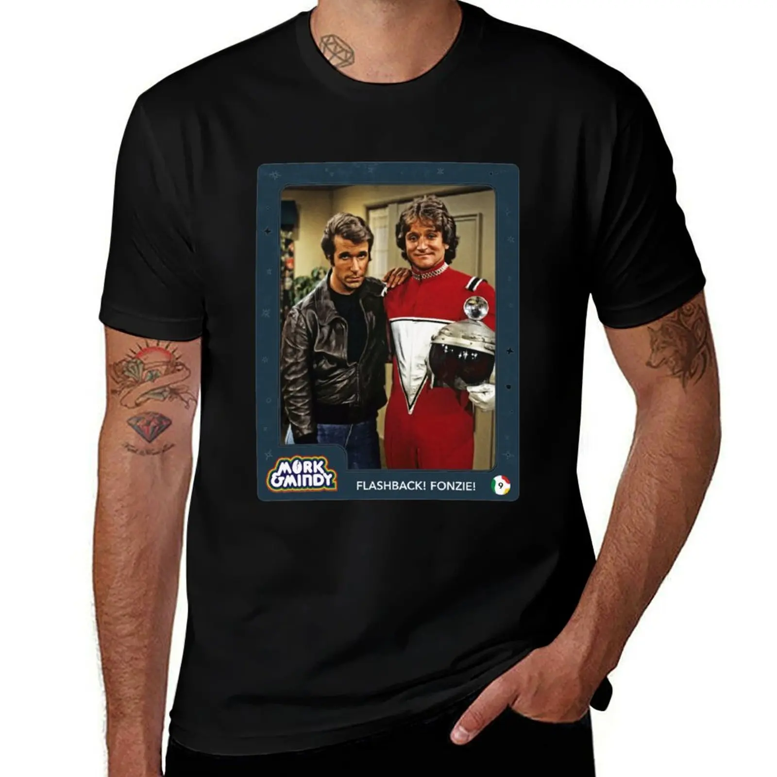 Flashback! Fonzie! Collectable Card, Mork & Mindy T-Shirt Plus Size Loose Short Sleeve Top