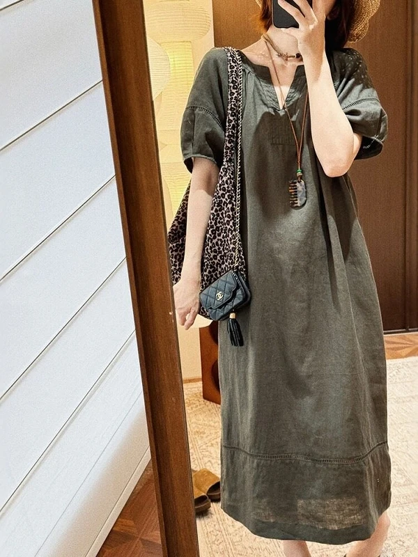 

Elegant Hollow out Long Sleeve V-Neck Loose Slimming Women's Dress Casual Style High Waist A-Line Skirt Chinese Brand