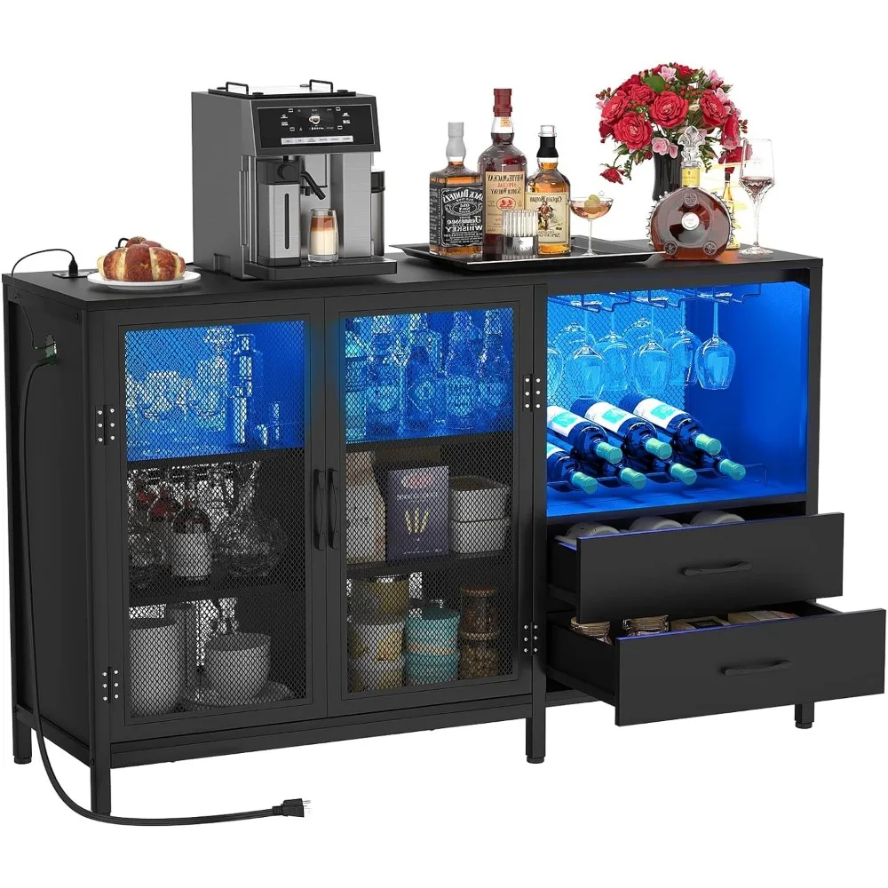 

Cyclysio Wine Bar Cabinet with Charging Station and LED Lights, Liquor Cabinet Bar with Wine Rack, Industrial Sideboard Buffet