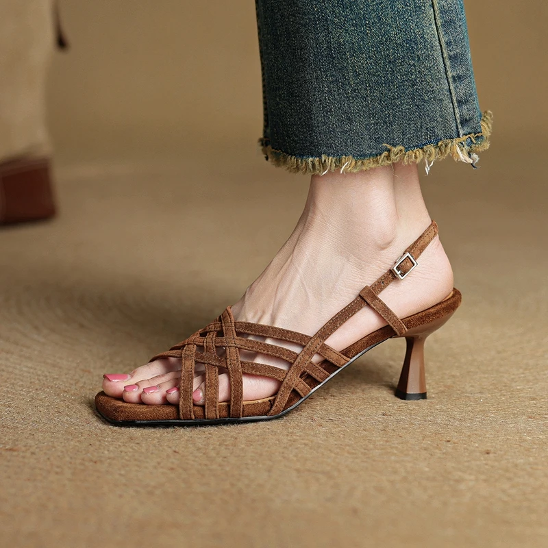 Women's new summer genuine leather, cowhide, sheep suede, elastic high heels, exposed toes, high-end fashion shoes, sandals