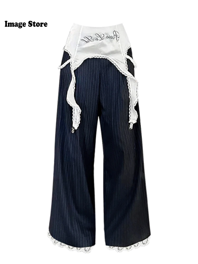 

Women Old Money Goblin Core 2000s Aesthetic Striped Straight Pants Lace Spliced Pantalones Long Trousers Korean Baggy Design Y2k