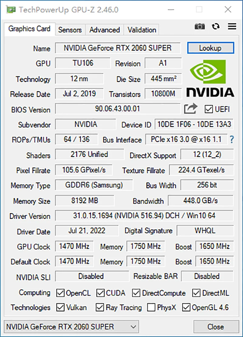 2023 MLLSE Placa De Video NVIDIA GeForce RTX 2060 SUPER Graphics Card 8GB GDDR6 256-bit TU106 12 NM Desktops Gaming GPU