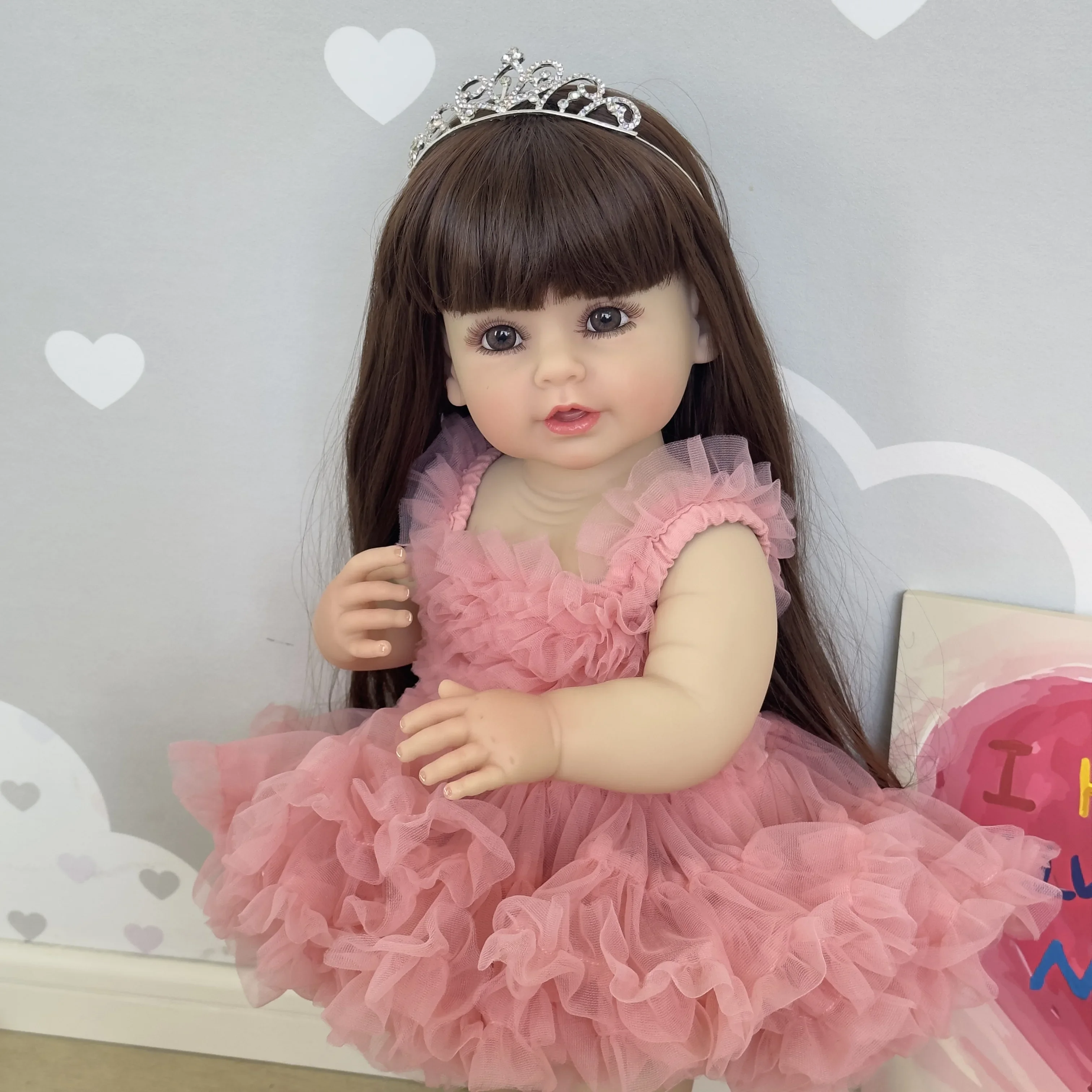 

NPK 55CM full body Sweet princess soft silicone vinyl Reborn Stand Toddler Girl Doll lifelike Really Baby Doll with Pink Dress